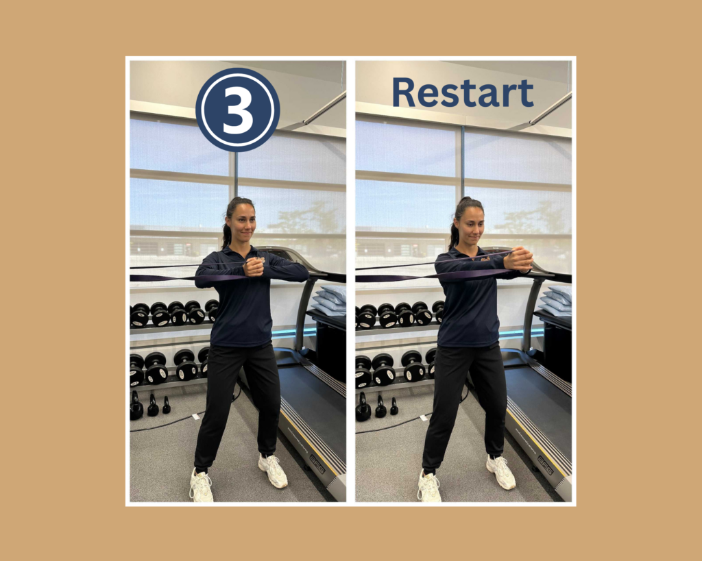 Step 3 of Pallof Press Core Exercise demonstrated by physiotherapist Jenn Rioux