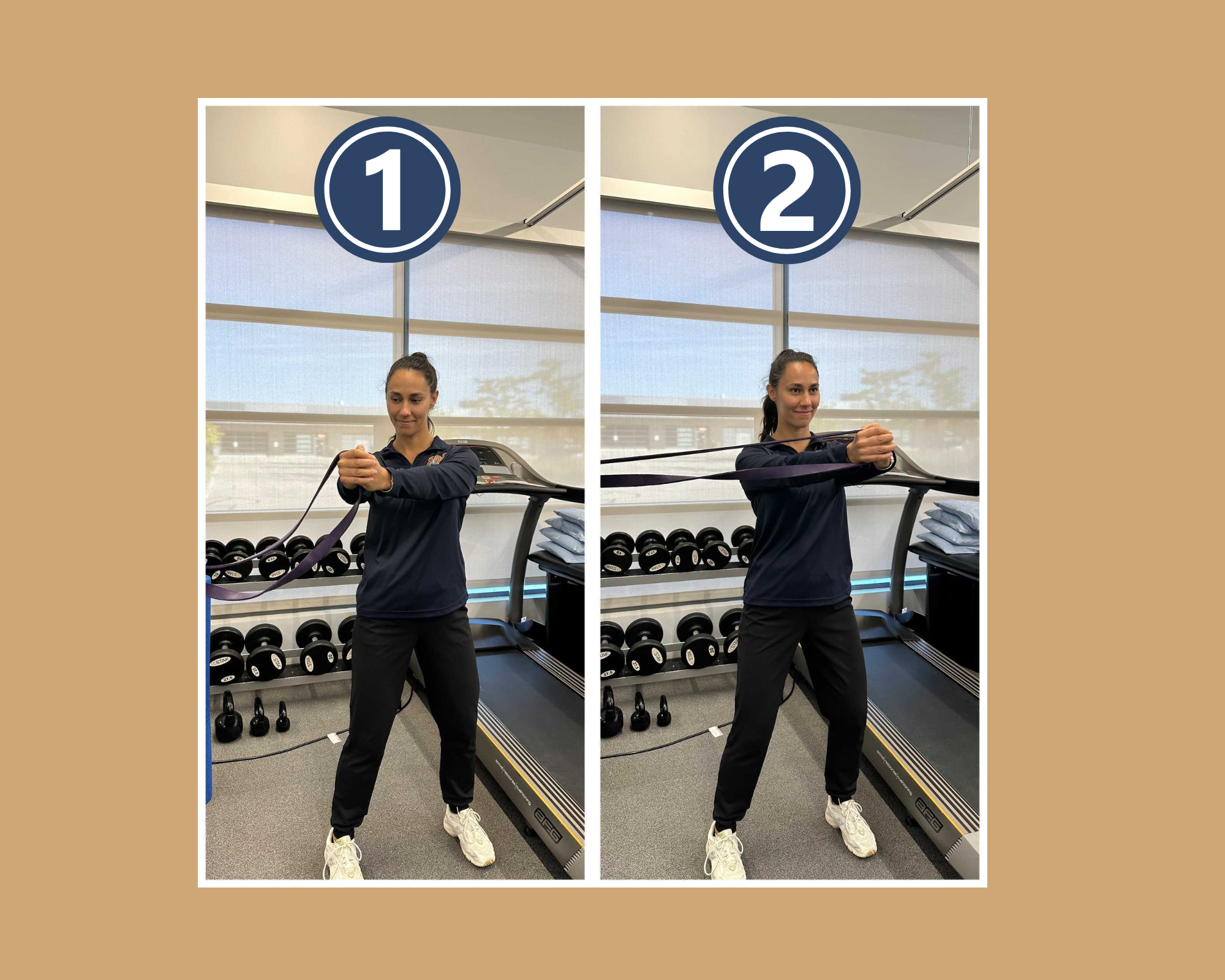 Steps 1 and 2 of Pallof Press Core Exercise demonstrated by physiotherapist Jenn Rioux