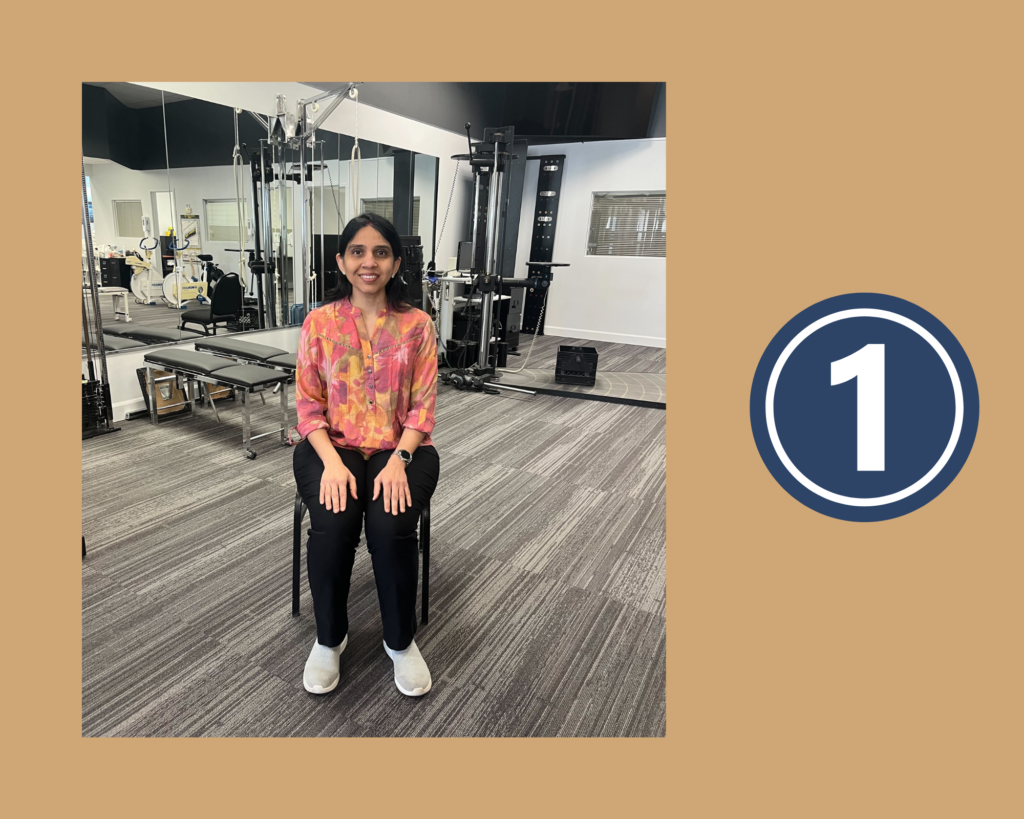 Step one of seated hamstring stretch demonstrated by Physiotherapist Ami Patel