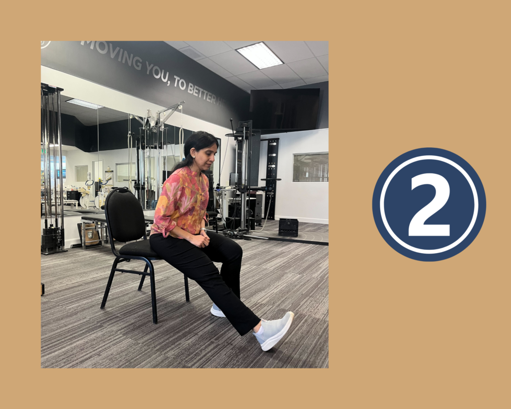 Step two of seated hamstring stretch demonstrated by Physiotherapist Ami Patel