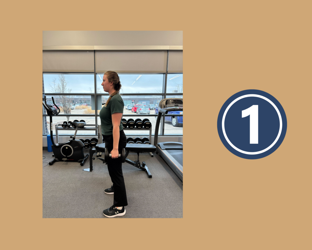 Step 1 of Shoulder Shrug Exercise demonstrated by Physiotheapist Amanda Calford