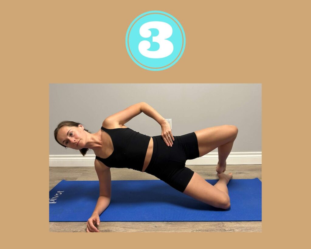 Side Plank Clamshell Step 3 deomonstrated by physiotherapist Lindsey Mortimer