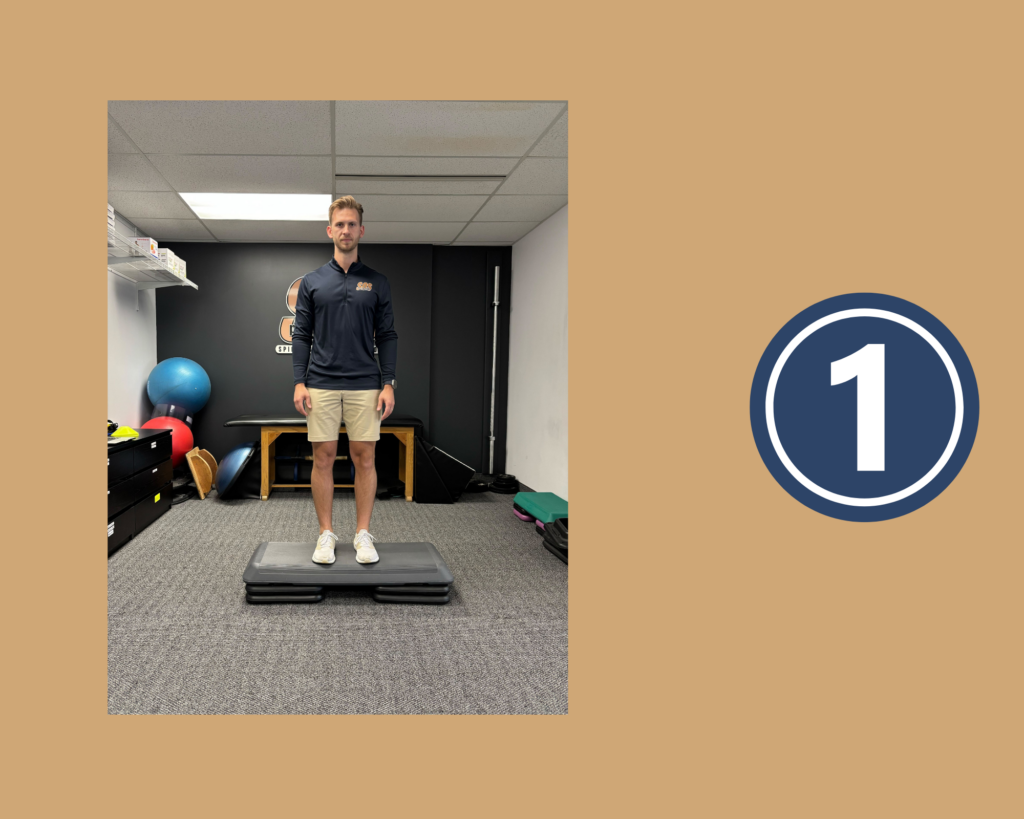 Step 1 of the Step Down Exercise demonstrated by Physiotherapist Ben Derrough