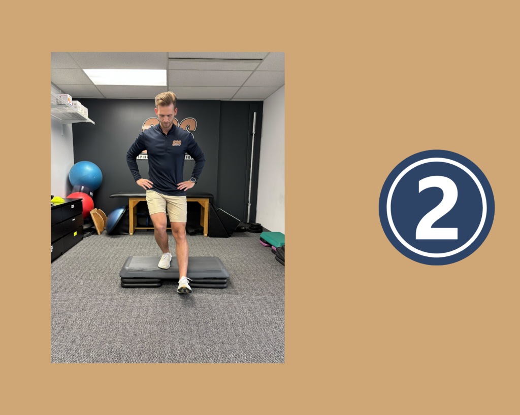 Step 2 of the Step Down Exercise demonstrated by Physiotherapist Ben Derrough