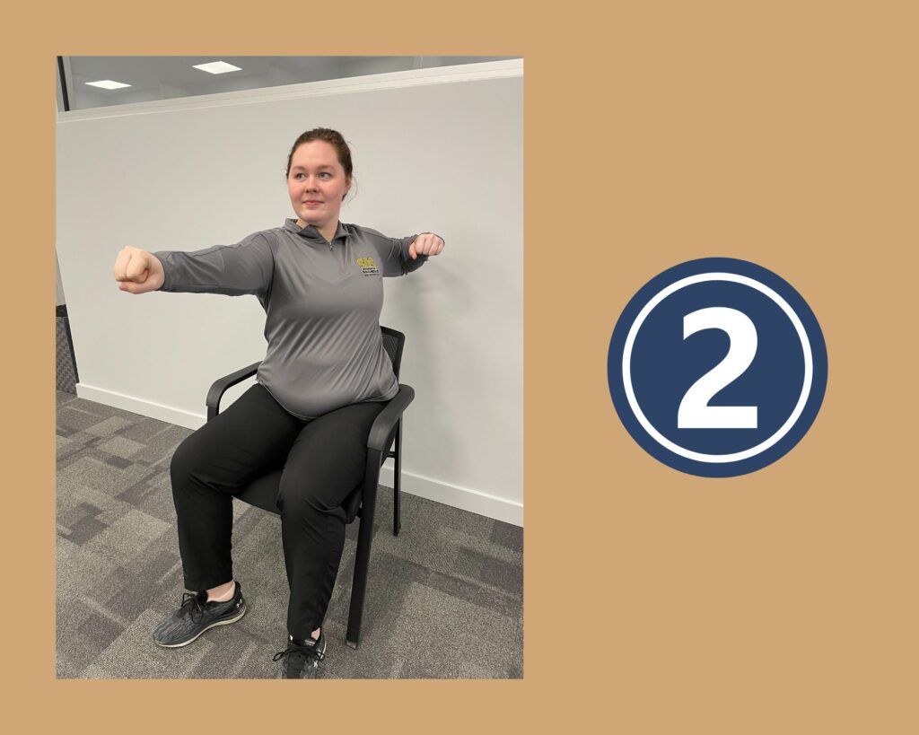 Archer Rotation Upper Back Stretch Step 2 demonstrated by Patient Experience Coordinator Stephanie MacRay under supervision of Physiotherapist Coulton Roe