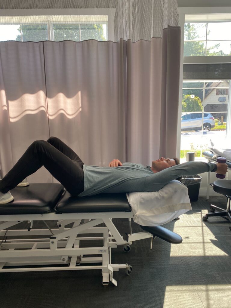 Dumbbell Pullover Shoulder Exercise demonstrated by Physiotherapist Chad Beacom