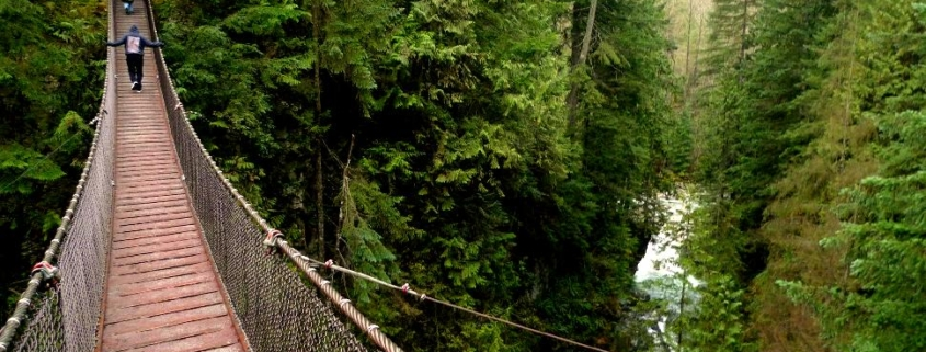 individual walking on suspension bridge for balance