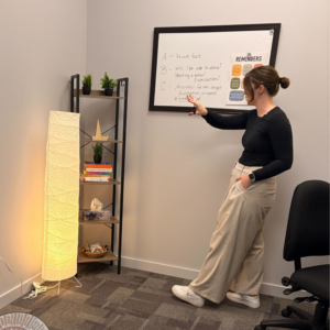 Psychotherapist Ali Darliing preparing for the chronic pain group