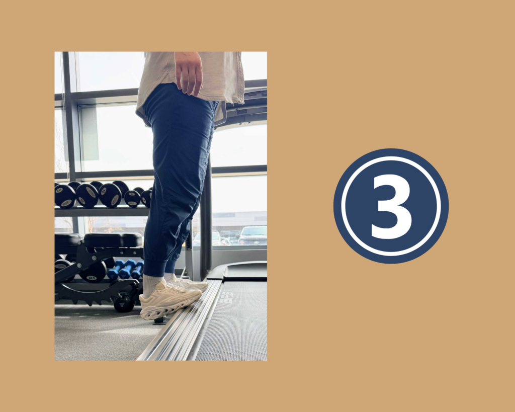 Physiotherapist Ali Shaw demonstrating step 3 of Stair Calf Exercise