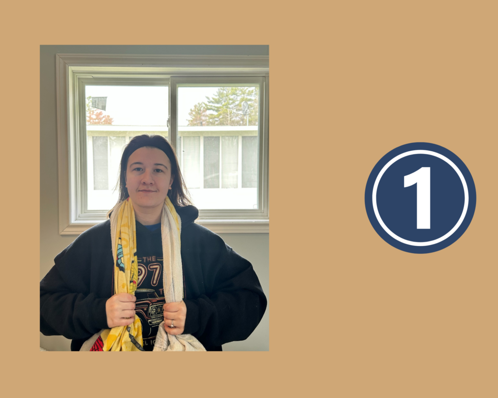 Step 1 of the Neck Stetch with Towel demonstrated by RMT Natlie Yeo