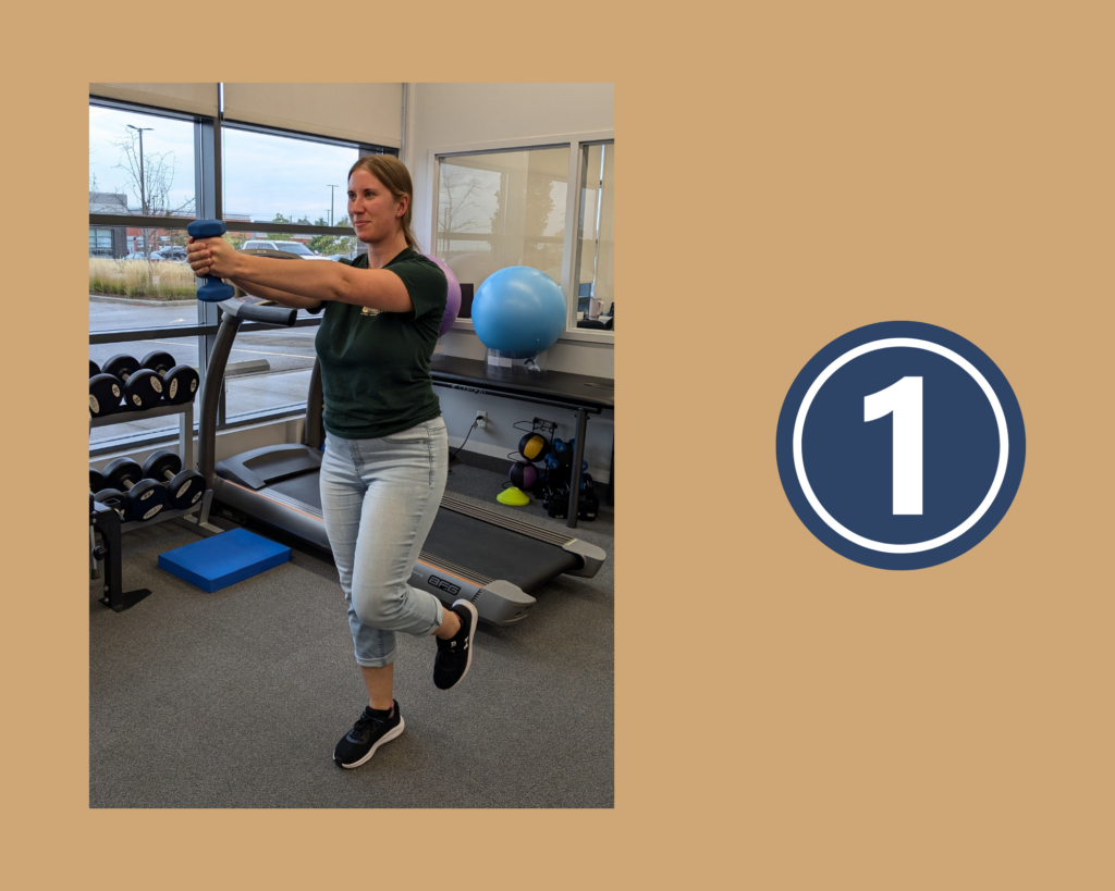 Step 1 of Flamingo Twist Balance Exercise demonstrated by physiotherapist Amanda Calford