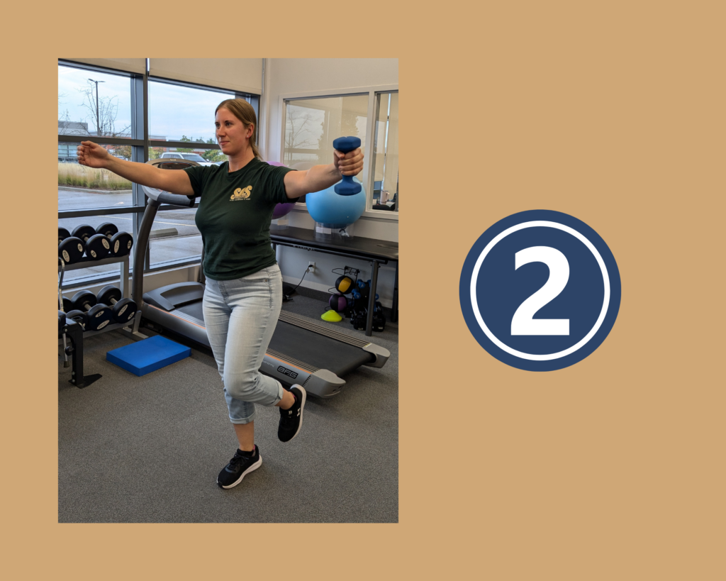 Step 2 of Flamingo Twist Balance Exercise demonstrated by physiotherapist Amanda Calford