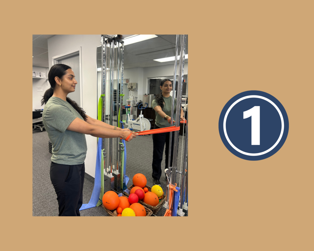 Banded Row Exercise Step 1 demonstrated by Physiotherapist Mehak Sandhu