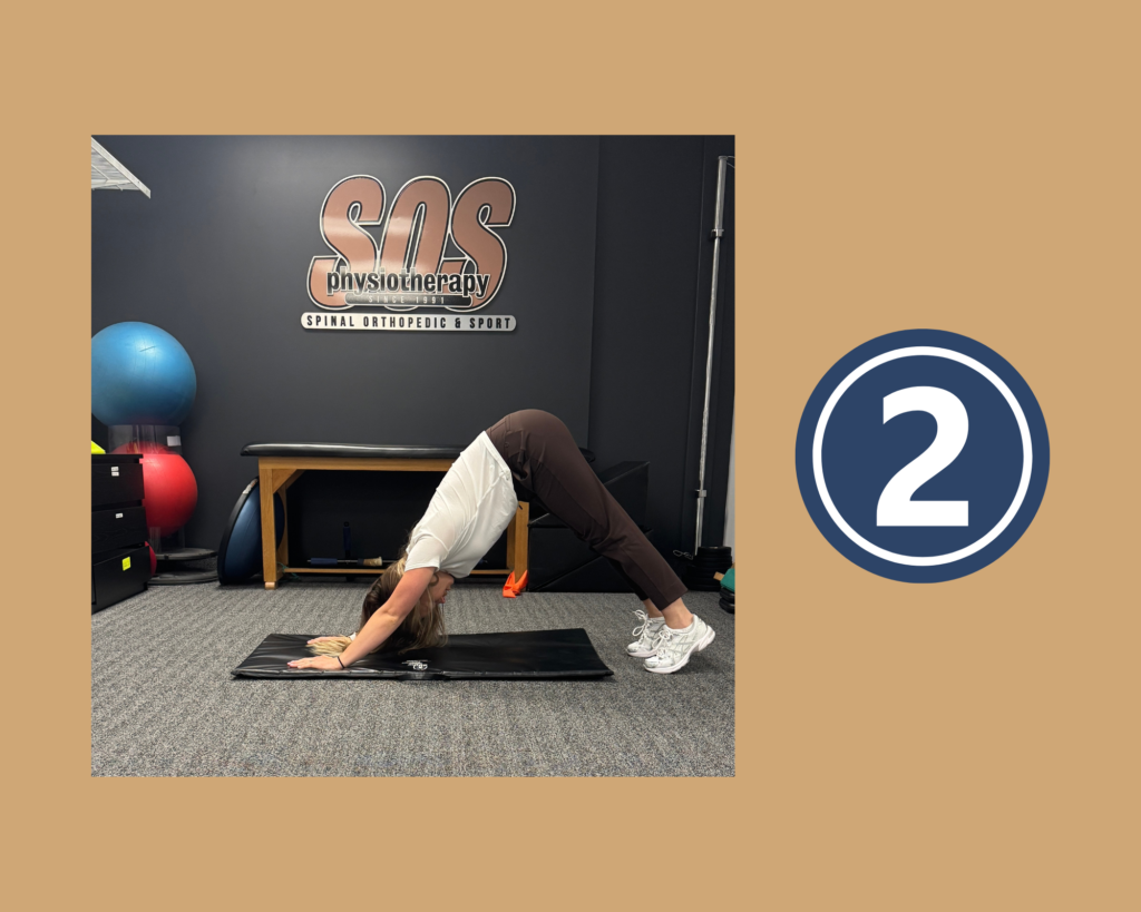 Step 2 of Downward Dog with Calf Extensions Stretch demonstrated by physiotherapist Anna Pelczar